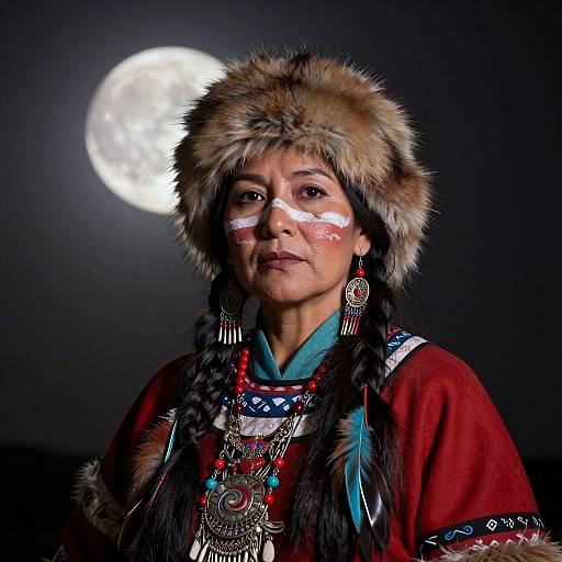 Photograph of an indigenous woman with white face paint, fur hat, traditional red dress, and intricate jewelry, against a dark background with a full moon