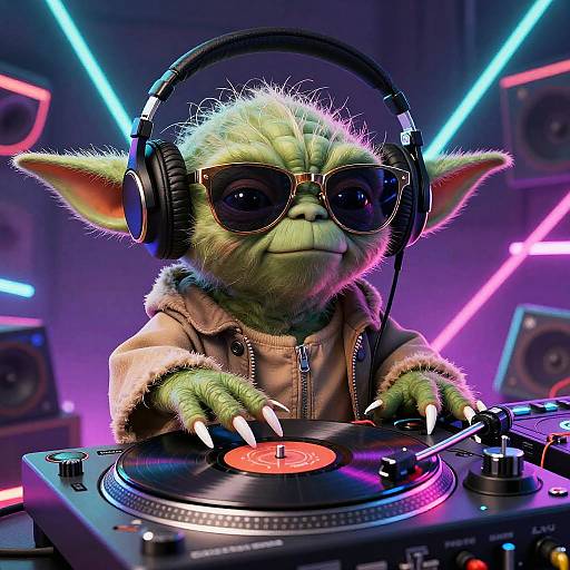 Digital CGI of a green, furry, goblin-like DJ with large ears, black sunglasses, and headphones, spinning a record in a neon-lit