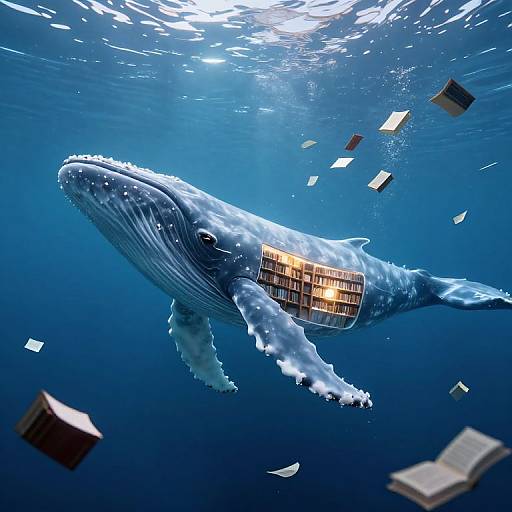 Photorealistic digital art of a blue whale with a book-filled interior, swimming underwater surrounded by floating books and sunlight.