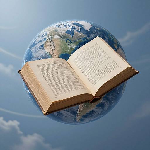 Photograph of an open book floating in front of a realistic, blue Earth against a clear, sunny sky with white clouds.