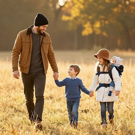 Photograph of a bearded man in a brown jacket and black beanie, holding hands with a boy, and a woman in a brown hat,