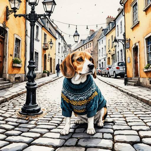 Beagle in Sweater on Cobblestone Street