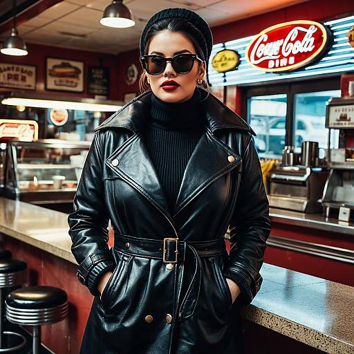Woman in Black Leather Trench Coat at Vintage Diner