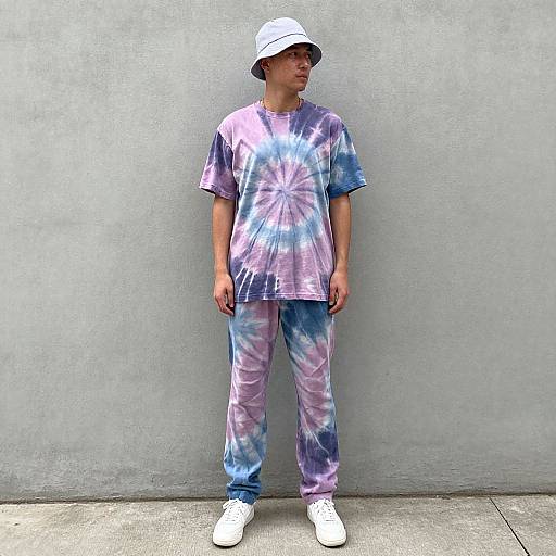 Photograph of a young man standing against a gray concrete wall, wearing a white bucket hat, tie-dye shirt and pants, and white sneakers.