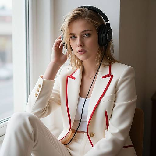 Photograph of a blonde woman with light skin, wearing a white blazer with red trim, white pants, and black headphones, sitting by a sun