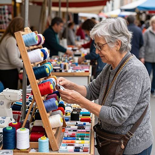 Photograph of an elderly woman with short gray hair, wearing glasses and a gray sweater, sorting colorful spools of thread at a bustling outdoor market stall