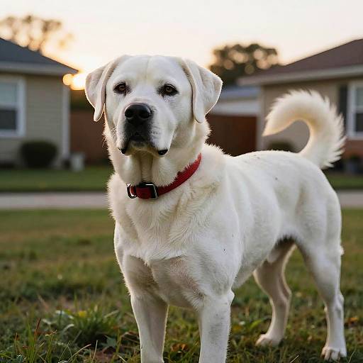 Photograph of a white Labrador Retriever with a red collar, standing on a grassy lawn at sunset in front of suburban houses.