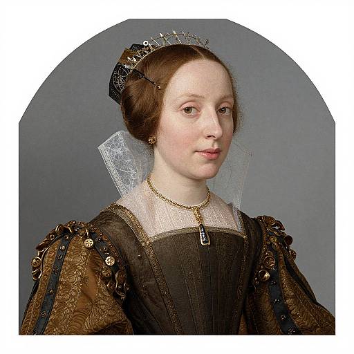 Renaissance portrait of a fair-skinned woman with brown hair in a netted cap, wearing an ornate black dress with gold accents, sheer