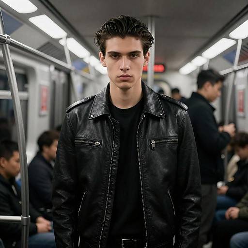 Young Man in Black Leather Jacket on Subway
