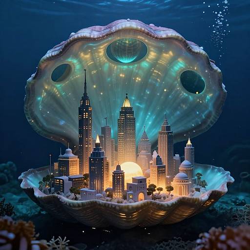 Photograph of a glowing underwater scene featuring a cityscape inside a large, illuminated, shell-like structure with bioluminescent patterns.