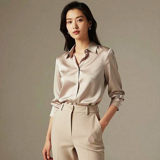 Elegant Woman in Silk Blouse and Tailored Trousers