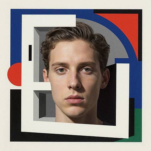 Photograph of a young, pale-skinned man with short, dark brown hair and green eyes, framed by abstract geometric shapes in white, blue,