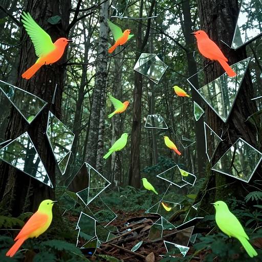 Neon Birds in Mirror Forest