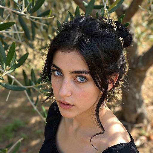 Photograph of a young woman with fair skin, striking blue eyes, black hair in a loose bun, wearing a black off-shoulder top,