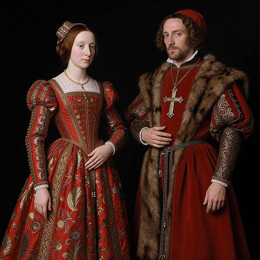 Renaissance-style painting of a pale-skinned woman in a red, gold-embroidered gown and a bearded man in a red fur