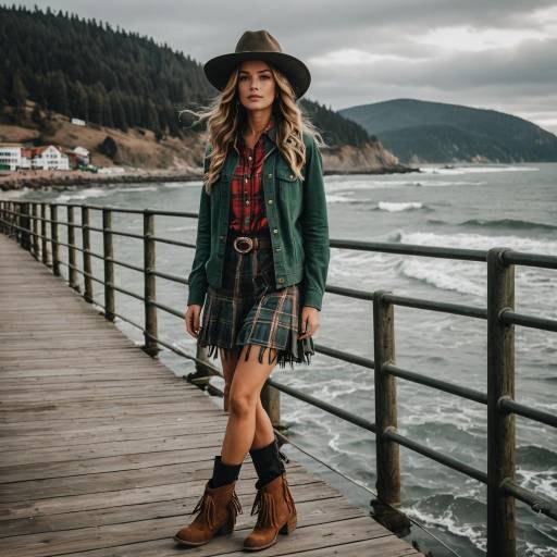 Woman in Cowgirl Outfit on Pier by the Ocean