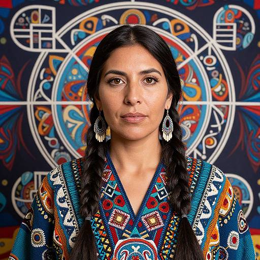 Photograph of a woman with long black braided hair, wearing a colorful, patterned traditional dress, silver earrings, against a vibrant, geometric background