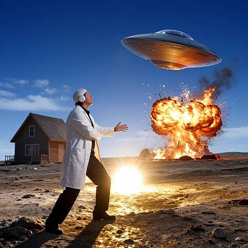 Photograph: Scientist in white lab coat and black pants, side profile, chasing UFO above burning house, bright sunset, clear blue sky.