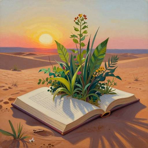 Digital illustration of an open book with vibrant green plants growing out of it, set against a desert sunset with orange and pink sky.