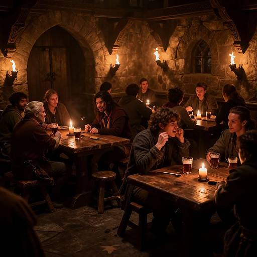 Photograph of a dimly lit medieval-style tavern with stone walls, wooden tables, and lit candles. A group of casually dressed people sit and converse