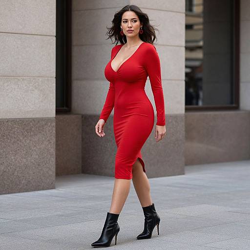 Photograph of a confident woman with dark hair in a tight, red, long-sleeve, V-neck, knee-length dress and black high-he