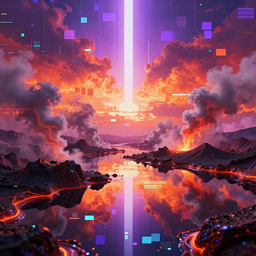 Digital artwork of a vivid, fiery sunset over a volcanic landscape. Bright white beam pierces the sky, surrounded by orange clouds, glowing lava, and