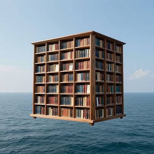 Floating wooden library cube with numerous colorful books, set against a clear blue sky and calm ocean. Digital illustration.