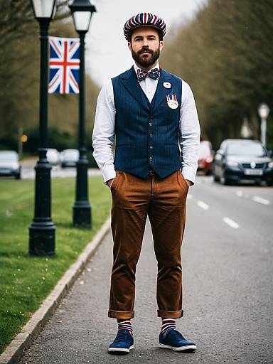 Man in British Icon Costume with Union Jack Accessories