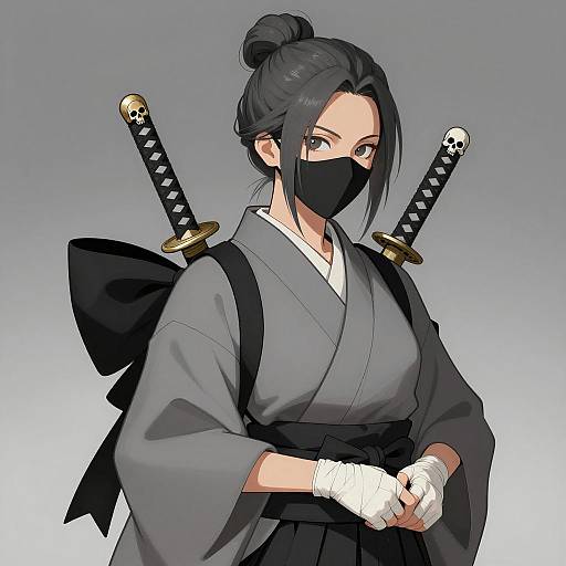 Mysterious Asian Warrior in Gray Kimono