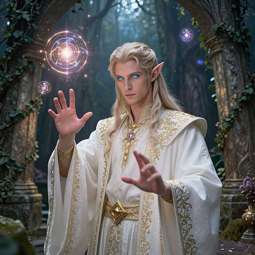 Digital fantasy artwork of a white-haired, blue-eyed elf in ornate white robes, conjuring glowing orbs in a mystical, forested ruin.