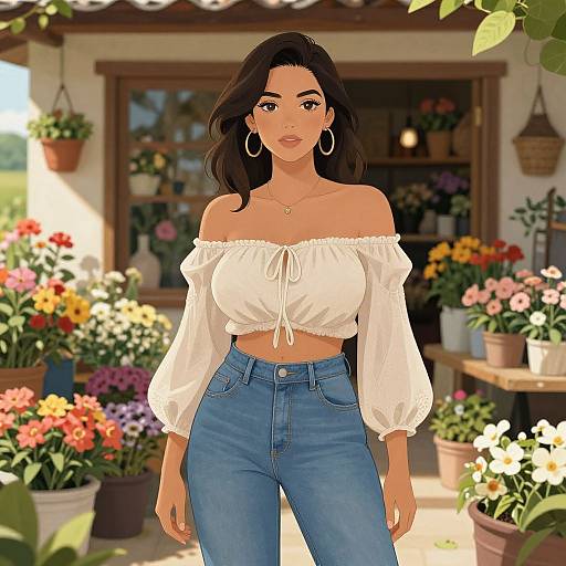 Digital illustration of a beautiful woman with long dark hair, wearing an off-shoulder white crop top and blue jeans, standing in a vibrant flower-filled
