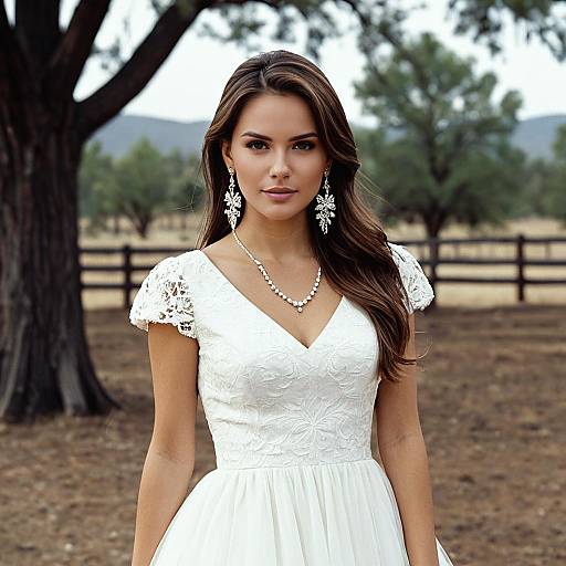 Bride in White Lace Wedding Dress Outdoors