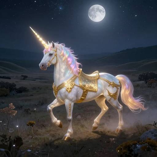 Digital artwork of a glowing white unicorn with a golden harness, under a full moon in a starry night landscape.