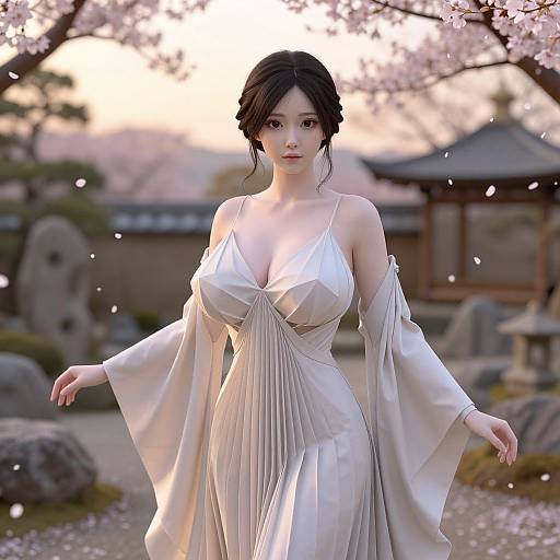 CGI image of a beautiful Asian woman with black hair in a white, off-shoulder, pleated dress, standing under cherry blossom trees,