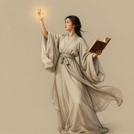 Digital painting of an Asian woman in flowing white robes, casting a glowing spell with her right hand, holding an open book in her left. Beige