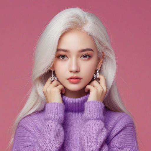 Young Woman with Long White Hair in Purple Sweater