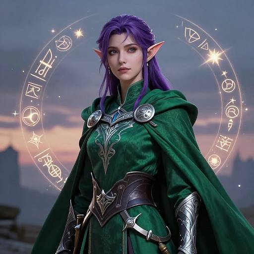 Digital artwork of a purple-haired, elf woman with pointed ears, wearing a green cloak and silver armor, set against a twilight sky with magical runes cir