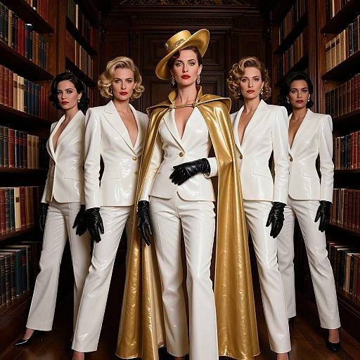 Photograph of five women in white blazers and white pants, with one in a gold cape and black gloves, standing in a dimly lit library