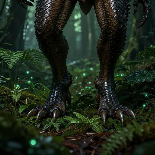 Digital artwork of a dark, scaly, clawed creature's legs standing in a misty forest with glowing green fireflies among ferns.