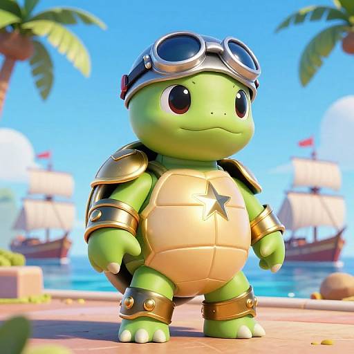 CGI image of a cute, green turtle with goggles, gold armor, and a star on its shell, standing on a tropical dock with palm trees