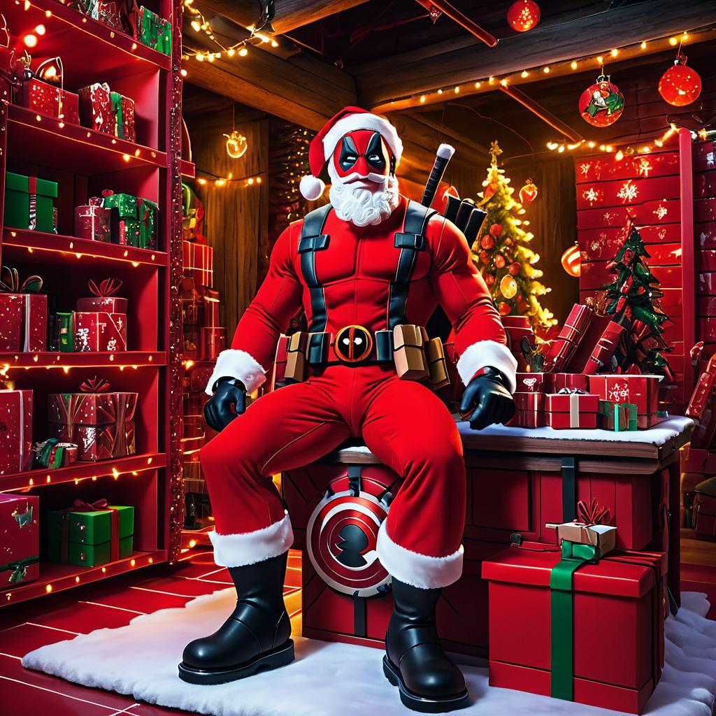 Deadpool as Santa in Festive Workshop