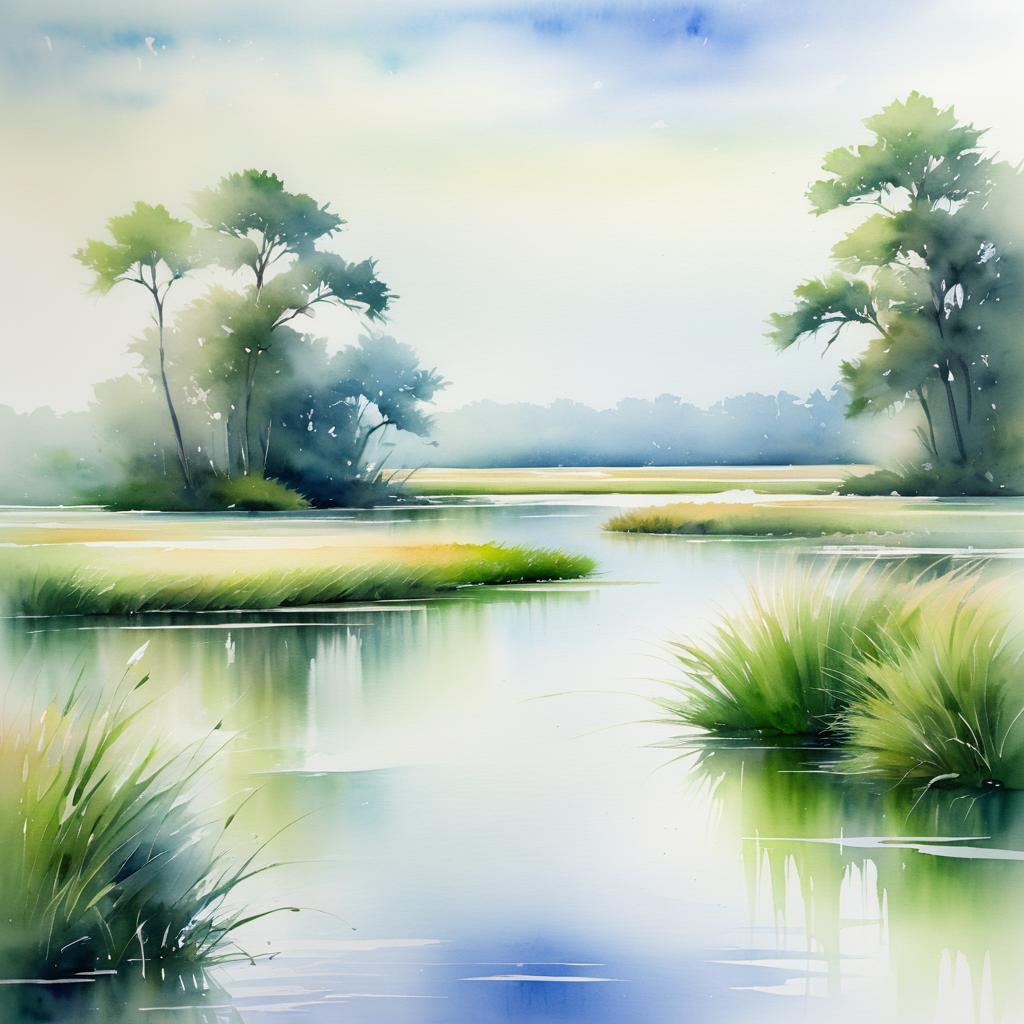 Tranquil Watercolor Landscape with Heron