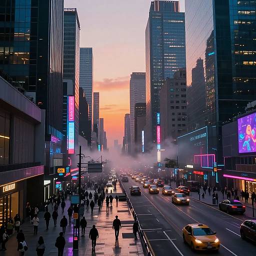Photograph of a bustling urban street at sunset, featuring tall skyscrapers, neon lights, busy pedestrians, cars, and a hazy sky.
