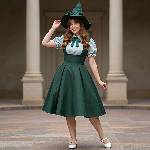 Photograph of a smiling woman in a green witch outfit with puffed sleeves, dark green skirt, white shoes, and a pointed hat, standing in