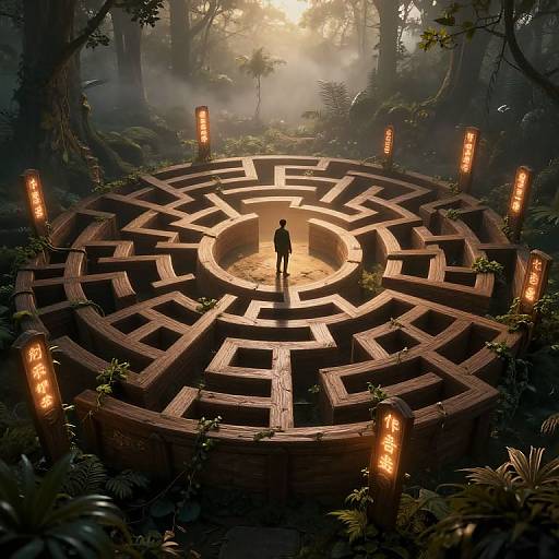 Ancient Wooden Maze in Misty Forest