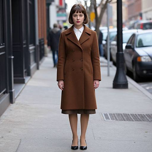 Photograph of a young Asian woman with short black hair, wearing a brown double-breasted coat, white shirt, black skirt, and black heels,
