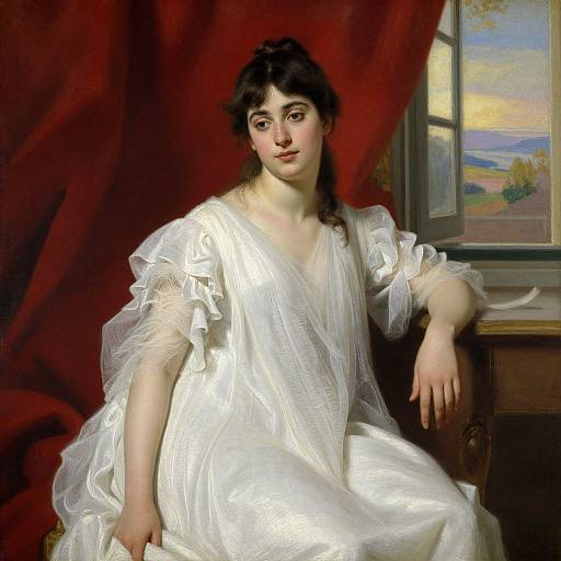 Photographic-style painting of a young woman with fair skin, dark hair, in a white, sheer, ruffled gown, seated by a window with