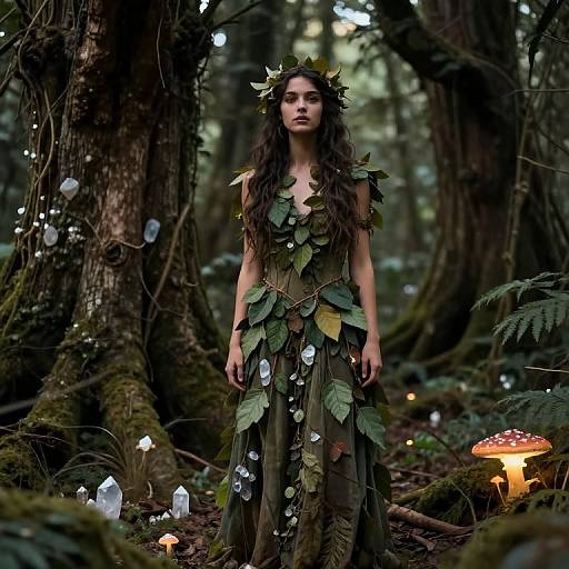 Photograph of a fair-skinned, long-haired woman in a forest, wearing a leaf and moss-covered dress, crowned with foliage, surrounded by glowing