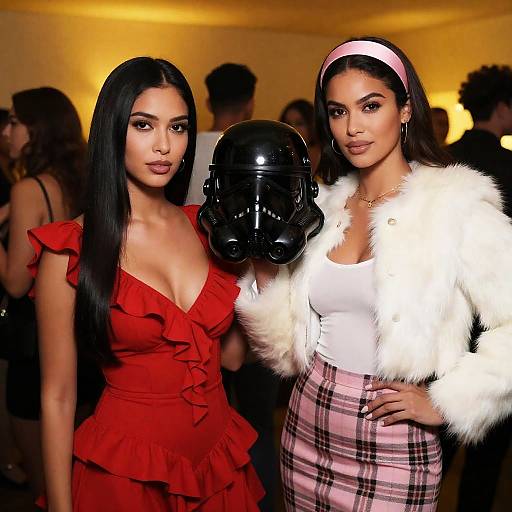 Two Women at Party with Stormtrooper Helmet