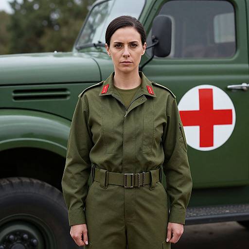 Photograph of a serious brunette woman in a green military-style uniform with red epaulettes, standing in front of a green ambulance with a red